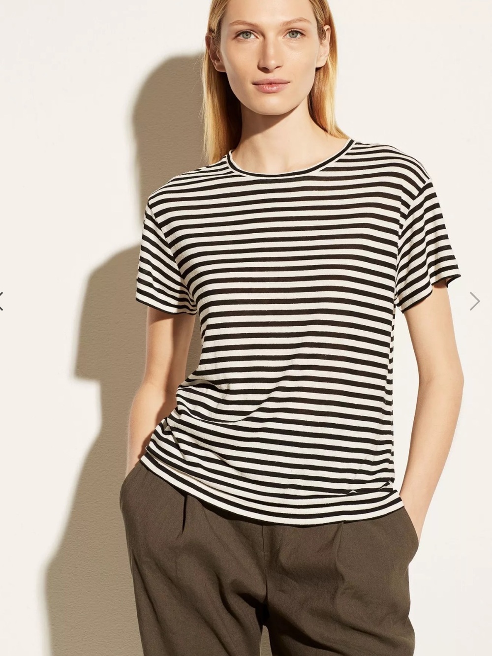 Vince Midi Stripe Short Sleeve Crew Italian Silk Slub Blend Sz M